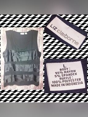 Liz Claibourne Black Soft Knit Tank Top w/Satin & Chiffon Front Tiers Sz Large